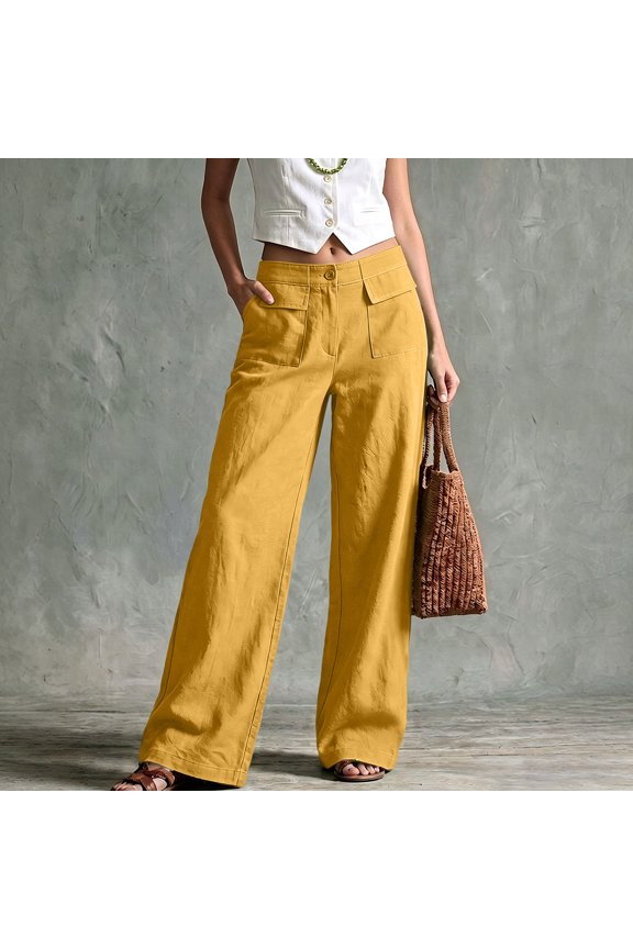 Women Casual Linen Wide Leg Pants High Waist Straight Trousers Solid Color Palazzo Pants with Pockets 2026 Yellow M