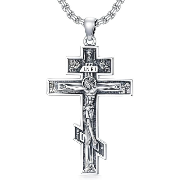 Orthodox Cross Necklace for Men Sterling Silver Eastern Orthodox Cross Pendant with 22” 2” Stainless Steel Chain Gift for Men
