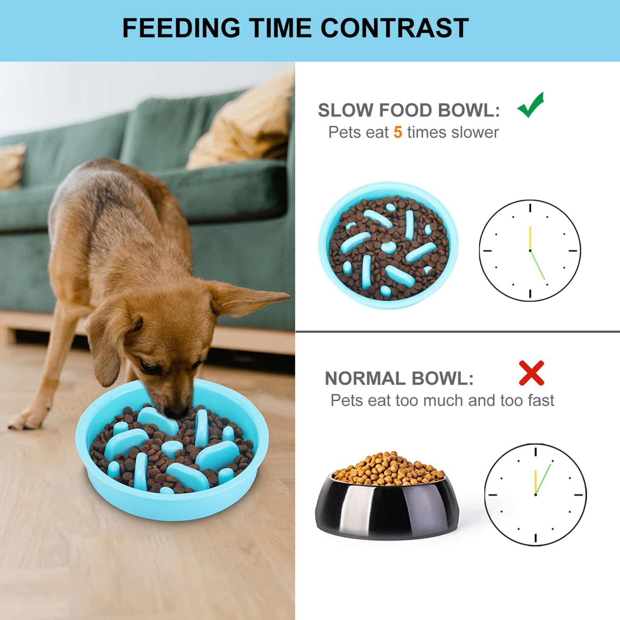 Slow Feeder Dog Bowl Set, 3 in 1 Stainless Steel and Water Bowls with Non Slip Silicone Mat, Slow Eating Solution for Large Medium Small Dogs and Cats to Preent Choking and Bloating, Black