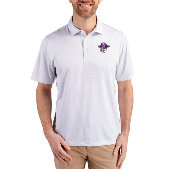 Men's Cutter & Buck White ECU Pirates Pike Eco Symmetry Print Stretch Polo