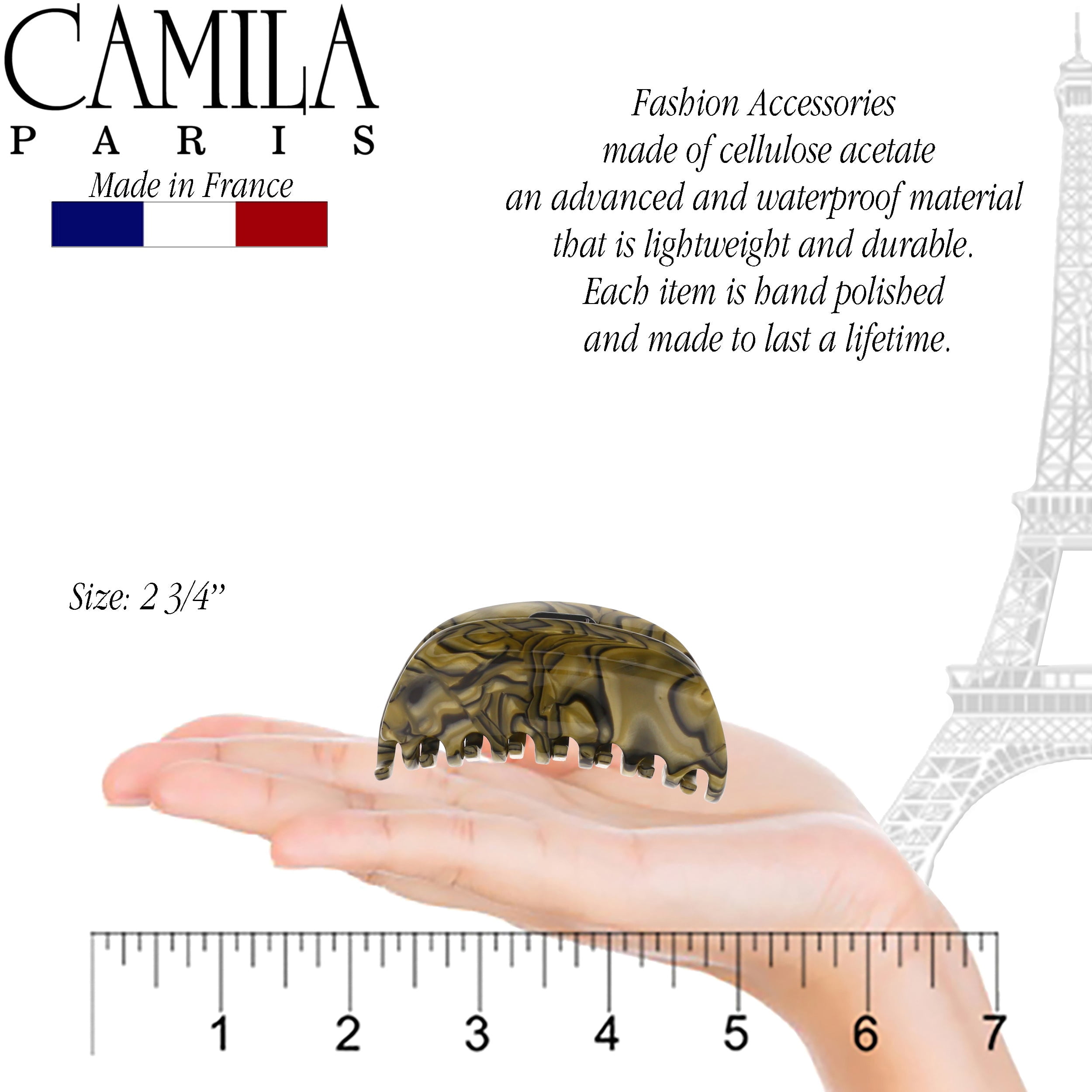 Camila Paris CP2958 French Hair Ponytail Holders Ties, Flower, Handmade, Gray, Strong Hold Grip Hair Clips for Women, No Slip and Durable Styling Girls Hair Accessories, Made in France