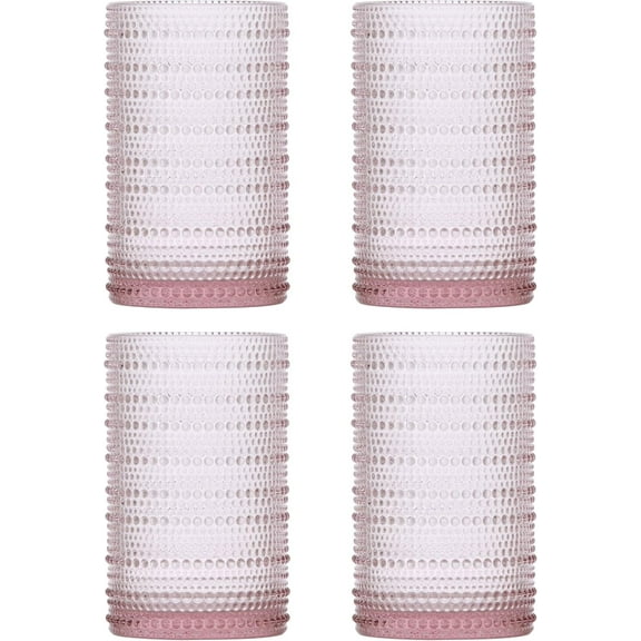 Fortessa Jupiter Beaded Hobnail Glass, 13 Ounce Iced Beverage (Set of 4), Pink