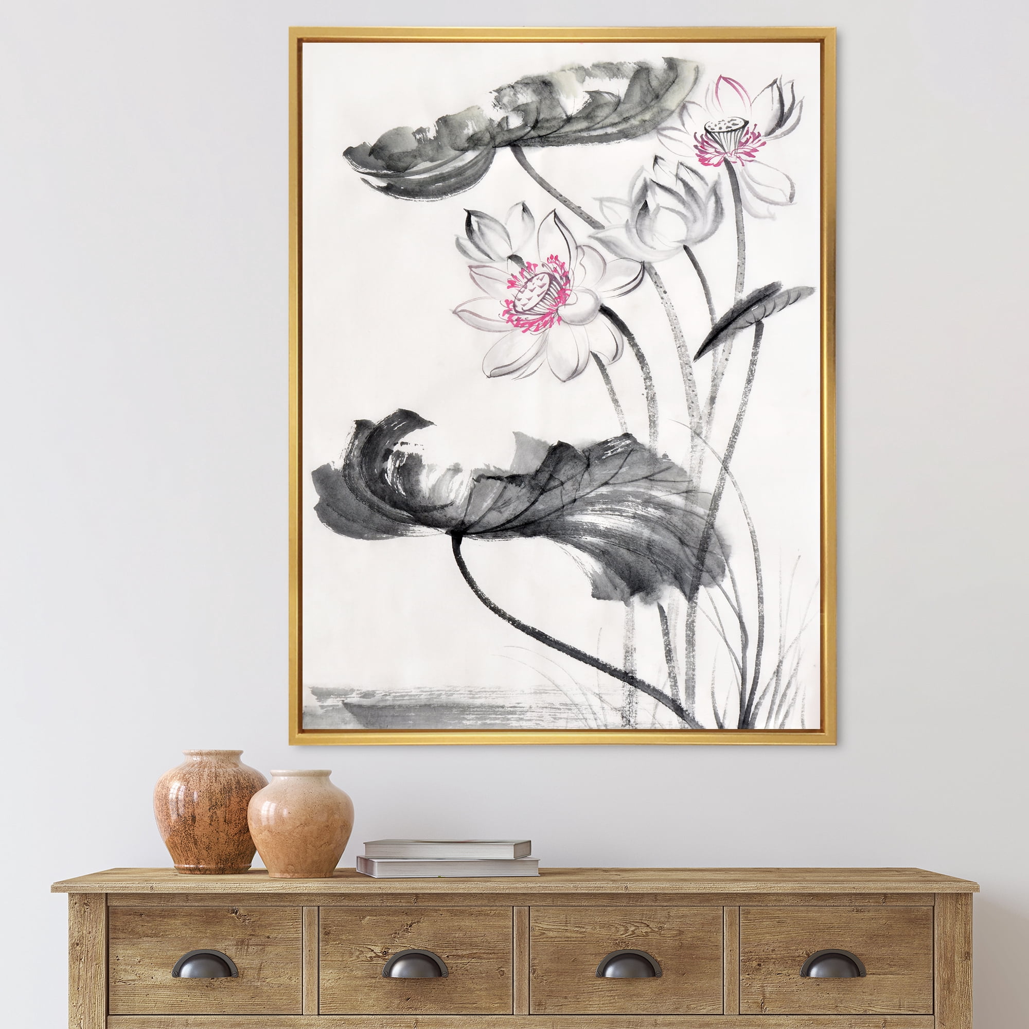 Designart 'Ancient Lotus Flowers' Traditional Framed Canvas Wall Art Print