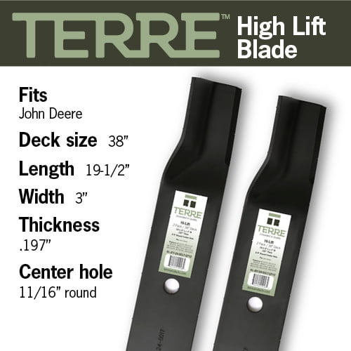 Terre Products, 2 Pack Hi Lift Lawn Mower Blades, 38 Inch Deck, Replacement for John Deere AM137324, M153118, M84472, M83459, AM100991, AM141041
