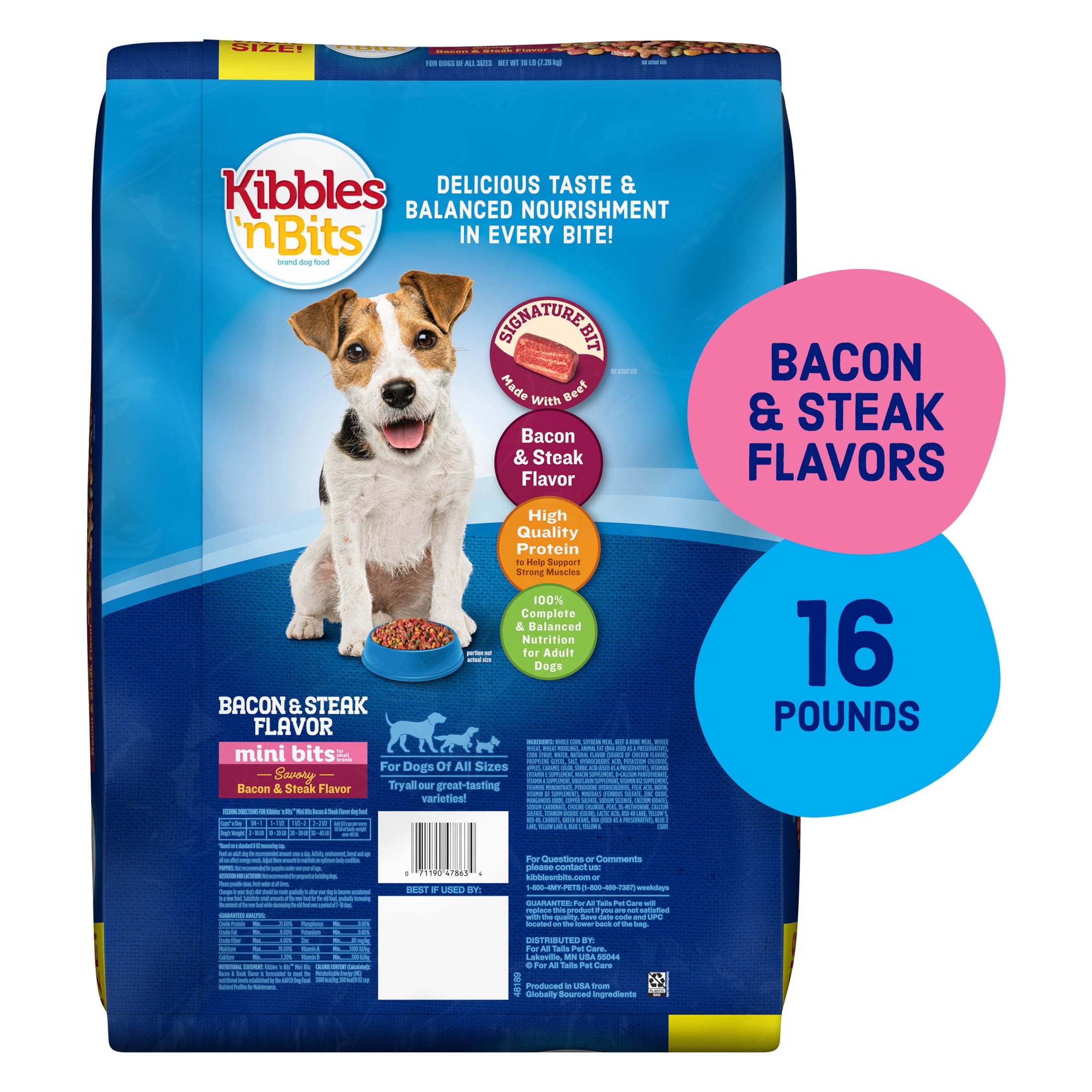 Kibbles ‘n Bits Mini Bits Small Breed Dry Dog Food Savory Bacon & Steak Flavor, 16 lb. Bag