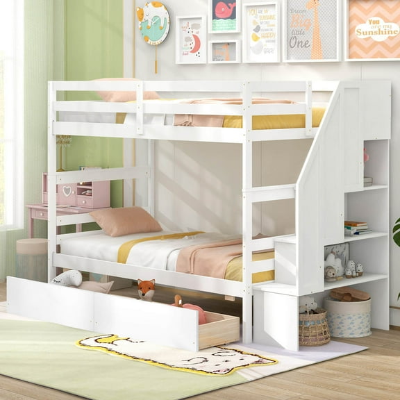 Costway Twin Over Twin Bunk Bed with Storage Stairs & Drawers Full-length Guardrails White