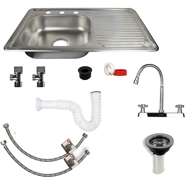 Kit Completo De Tarja con Escurridero (Derecho) Con Mezcladora Flexible Para Fregadero CNX Tarja Con Escurridero, Mezcladora Flexible Y Kit Instalación