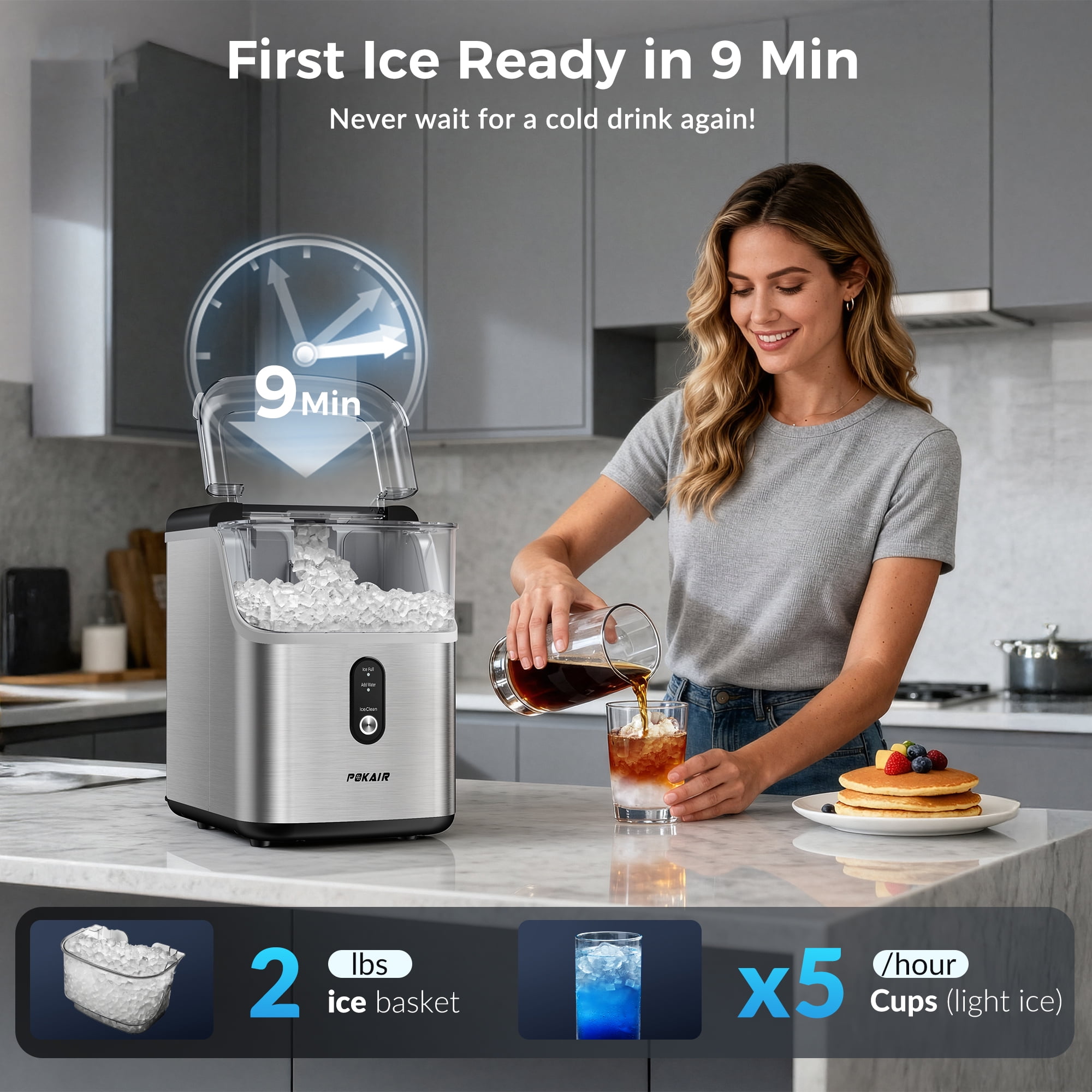POKAIR Nugget Ice Maker Countertop, Sonic-Style Chewable Pebble Ice in 9 Min, 33 lbs/Day, Self-Cleaning, One-key Control, ETL, Brushed Stainless Steel