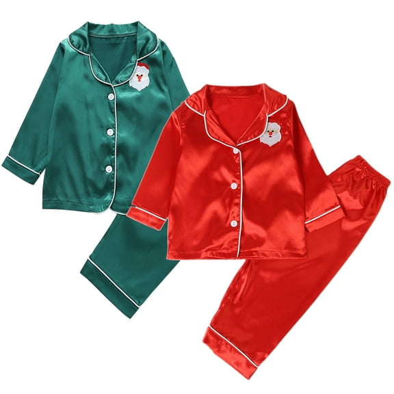 2-10T Pajamas Kids Toddler Unisex Pjs Set Girls Boys Silk Pajamas Set Satin Long Sleeve 2 Piece Christmas Santa Claus Sleepwear