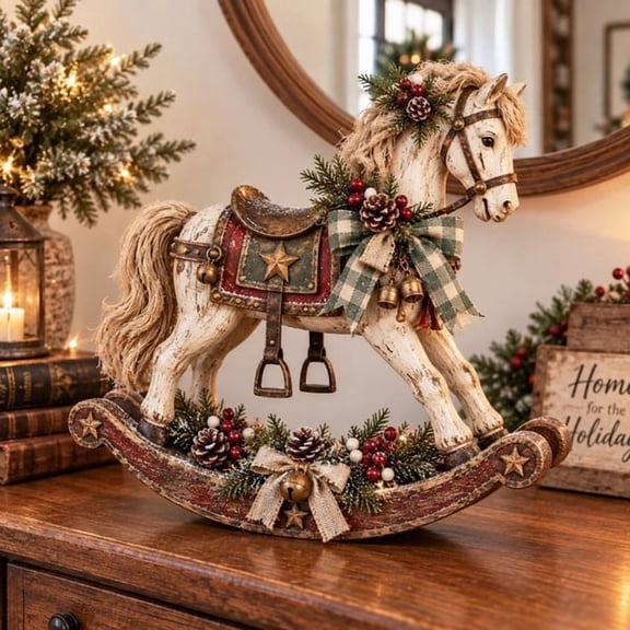 Vintage Christmas Rocking Horse, Rustic Farmhouse Holiday Tabletop Decor for Mantel, Shelf, Entryway Table, Sideboard and Christmas Home Display