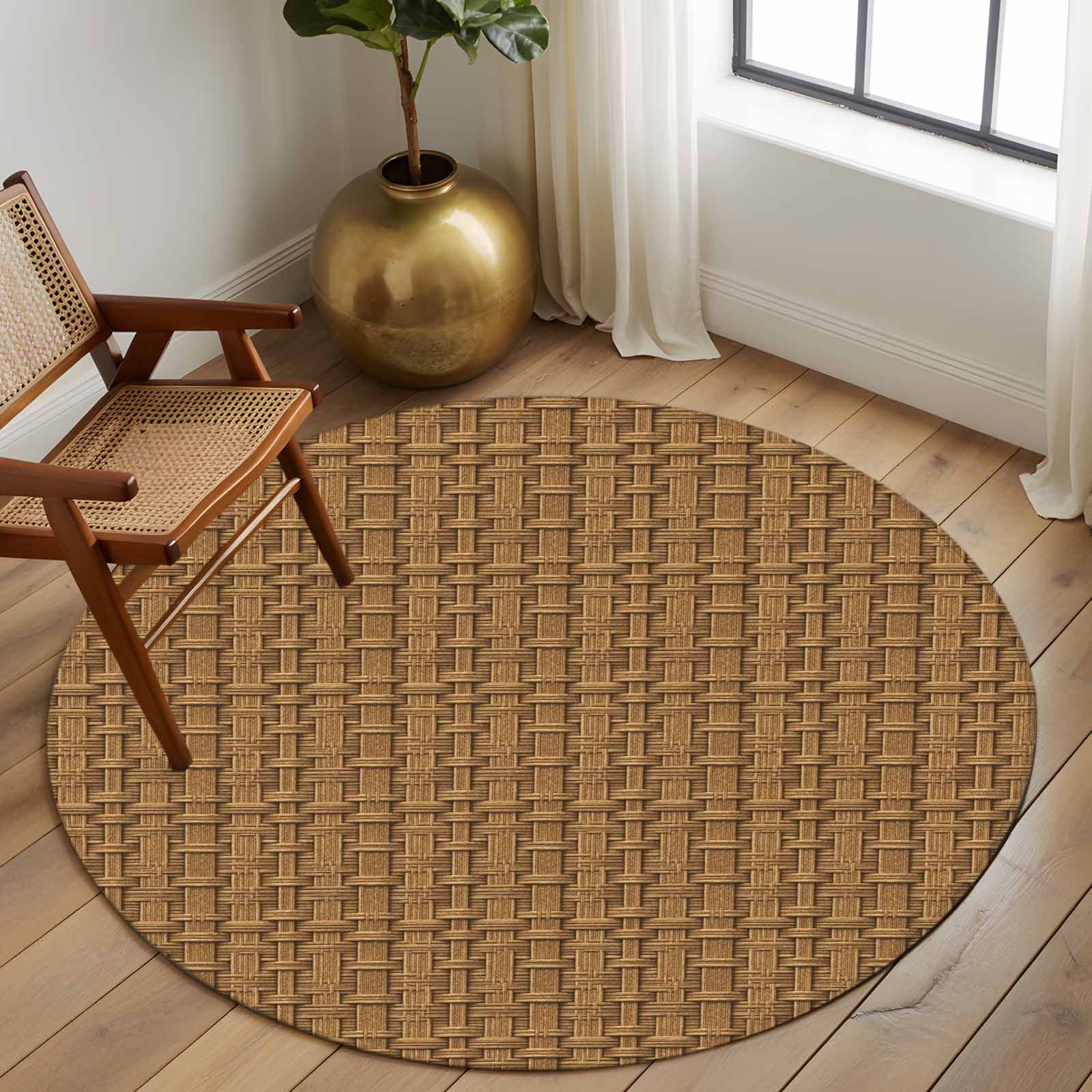 Round Rug 6Ft Washable Non-Slip, Vintage Rattan Circle Area Rugs for Living Room Bedroom, Minimalist Abstract Wicker Texture Brown Indoor Floor Mats Carpet Runner for Home Decor Aesthetic