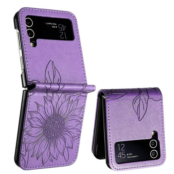 Funda tipo cartera con girasoles grabados para Samsung Z Flip 3: elegante, multifuncional y con protección total.