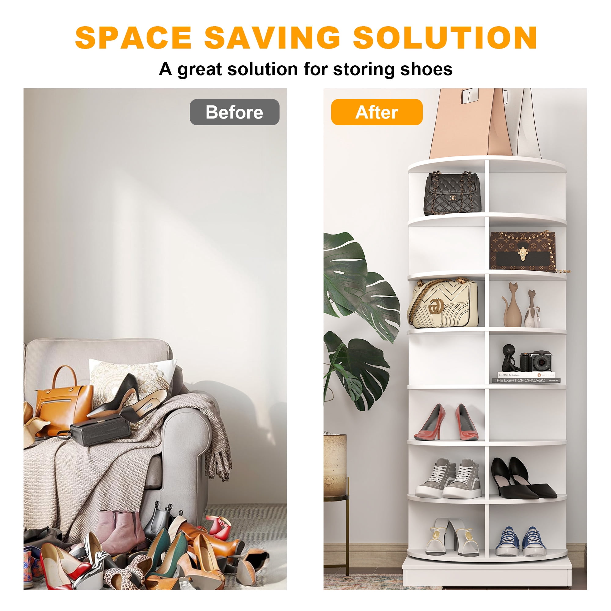 Aukfa 7-Tier Rotating Shoe Rack Tower, 360° Spinning Shoe Display Closet Organizer, White