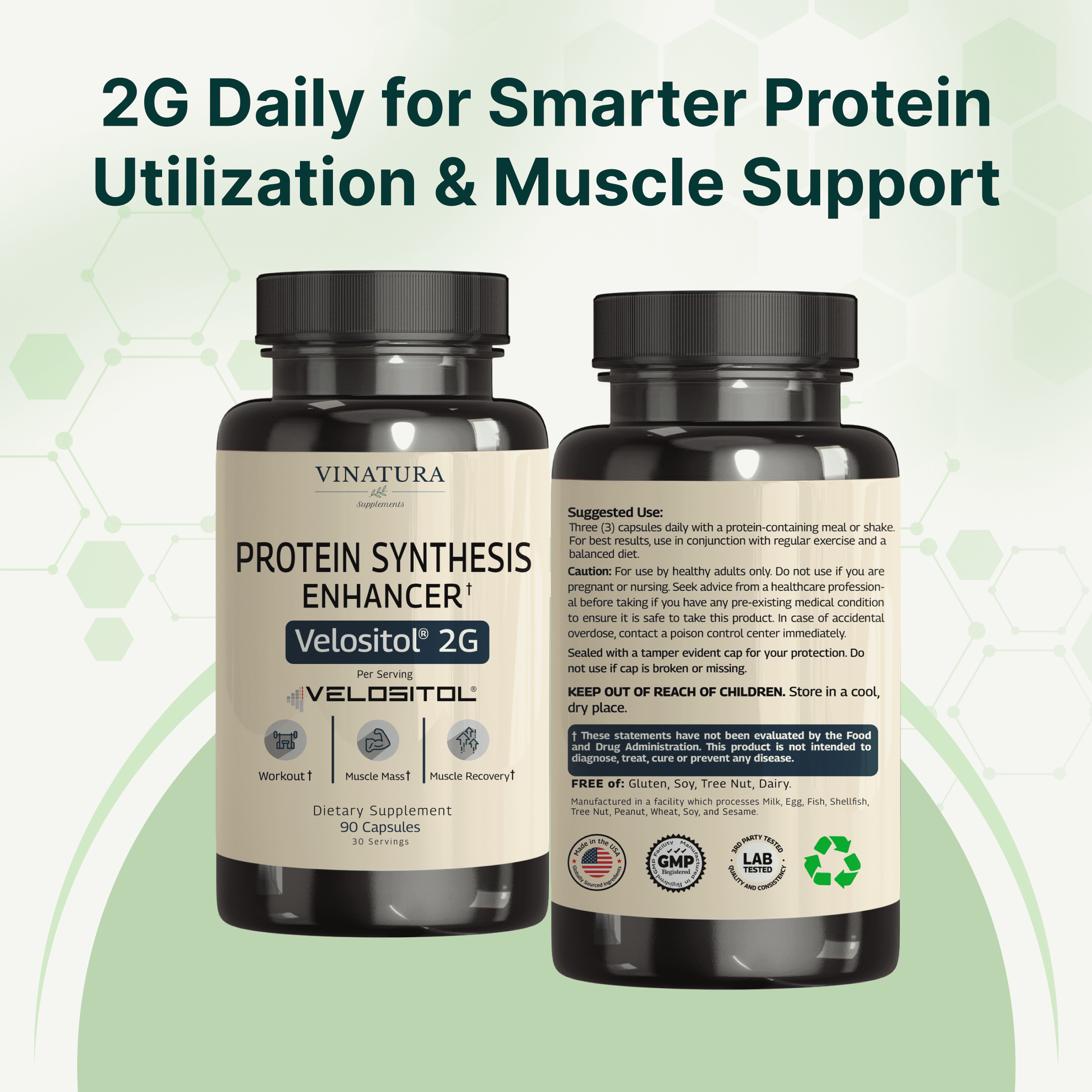 Vinatura Velositol Supplements - Protein Synthesis Enhancer for Strength and Muscle Support, for Men and Women, 90 Capsules