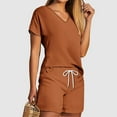 thumbnail image 3 of Vacation Outfits for Women Short Sleeve V-Neck Blouses & Shirts Sets 2PC Women's V Neck Shorts Sleeve Two-piece Comfortable Home Pajamas Set Sports Set Business Casual Outfits Orange l, 3 of 5