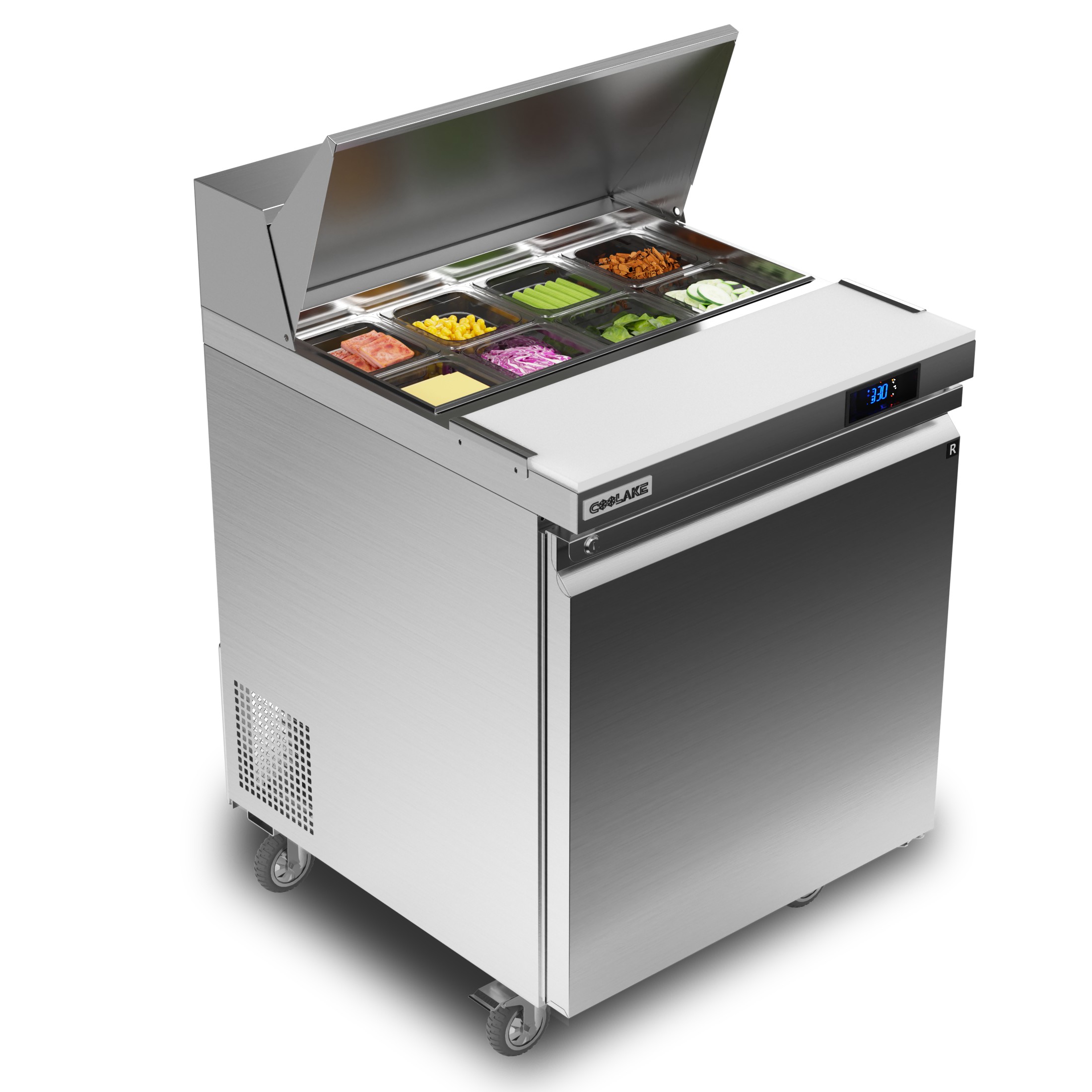 Coolake 27''W Commercial Salad Sandwich Prep Table Refrigerator, 1 Door Stainless Steel 7.5 Cu.ft Counter Fan Cooling Refrigerator