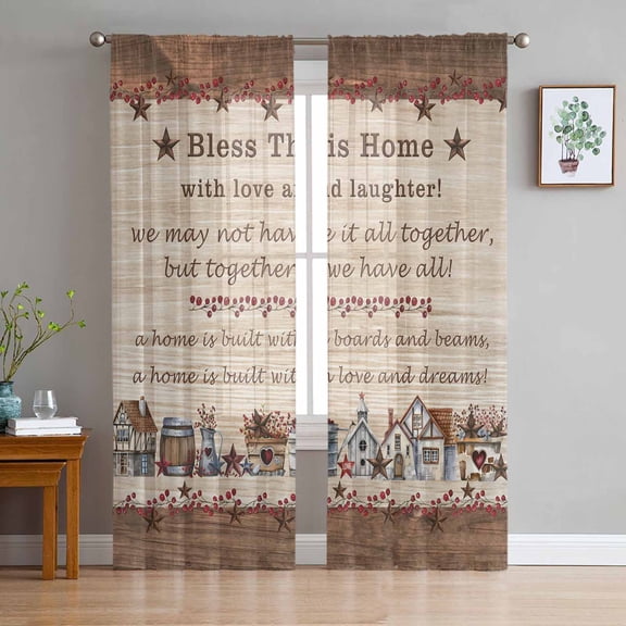 Farmhouse Sheer Curtains 72 Inches Long 2 Panels Set, Window Sheer Curtains for Living Room/Bedroom, Brown Country Star Berry Vintage Wood Grain Light Filtering Rod Pocket Curtain 52'' x 72'' x 2