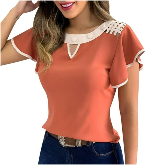 Babysbule Womens Summer Tops Women Summer Fashion Solid O-Neck Short Sleeve Casual Hollow Out T-Shirt Top