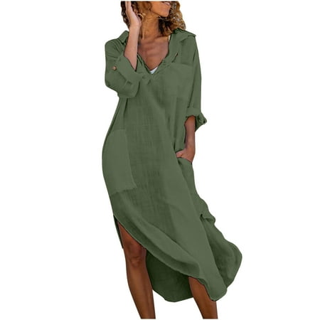 ZVAVZ Women s Cotton Linen Shirt Dress Laple Neck Long Sleeve Flowy Dress Buttons Long Cardigans Pockets Swimsuit Cover Ups