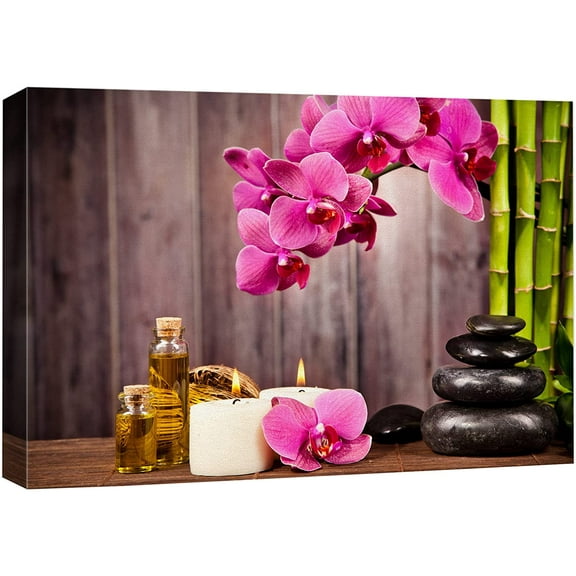 wall26 Canvas Print Wall Art Pink Orchid Flowers Bath Oil Zen Bamboo Pebbles Nature Wilderness Photography Realism Rustic Landscape Colorful Multicolor for Living Room, Bedroom, Office - 16"x24&