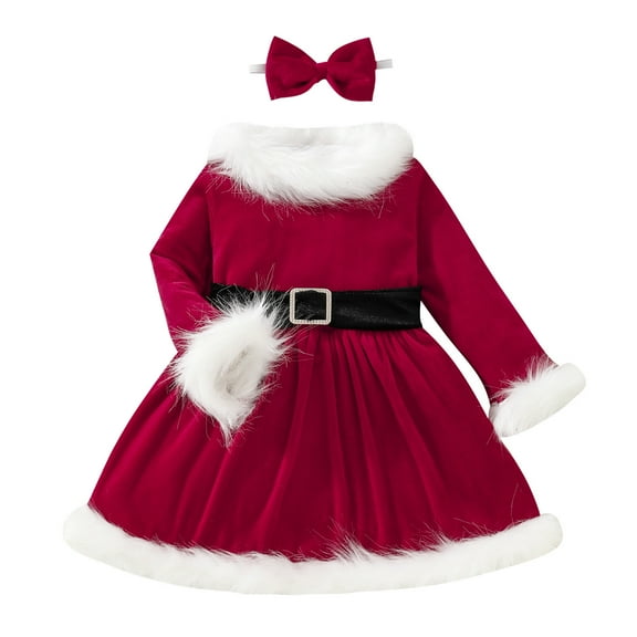 Zwiiyzr Toddler Girls Christmas Dresses Velvet Santa Claus Red Princess Tutu Dress Furry Trim Dress with Headband 1-6T Red