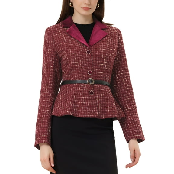 MODA NOVA Vintage Tweed Jacket for Juniors Plaid Notched Collar Work Office Blazer with Belt Wine Red XS