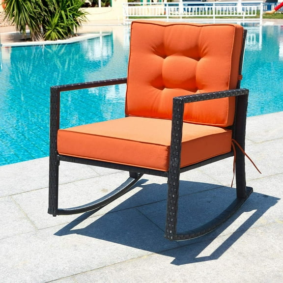 YEXJ Wicker Rocking Chair, Outdoor Patio Glider Chair with Heavy-Duty Frame, Thick Cushion, Rattan Rocking Chair for Backyard Garden Porch-Orange