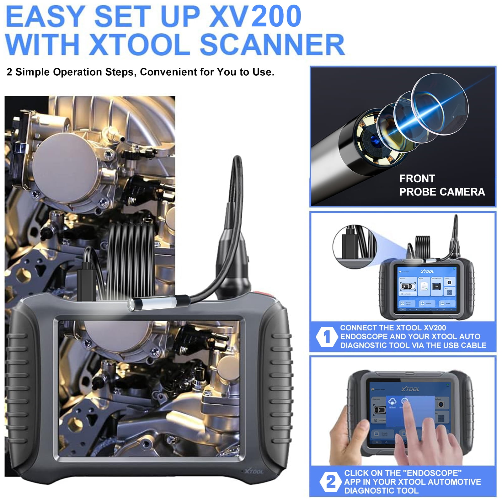 XTOOL Inspection Camera XV200, 2MP&1080P HD& 8 LEDs Automotive/Industrial Endoscope Waterproof Borescope Camera with Light, Work with D7/D8/D9/IP919 PRO Type-C Ver