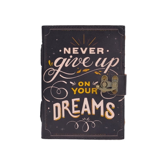 Handmade Leather “Never Give Up on Your Dreams” Journal with Lock, Inspirational Writing Diary Notebook