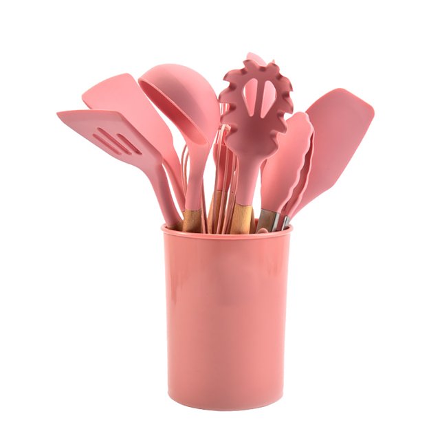 Juego De Utensilios De Cocina De Silicona Espátula De Silicona Raspador Cuchara Cepillo Batidor De Huevos Juego De Pinzas Con Mango De Madera Y Cubo De Almacenamiento Methold HA027164-02