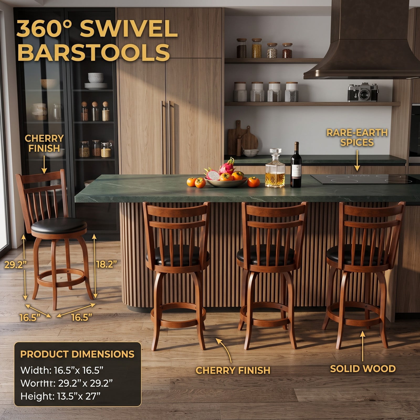 Furnibear Swivel Bar Stools Set of 2, 24 Inch Counter Height Faux Leather Upholstered Barstools with Curved Backrest and Footrest for Kitchen, Espresso and Black