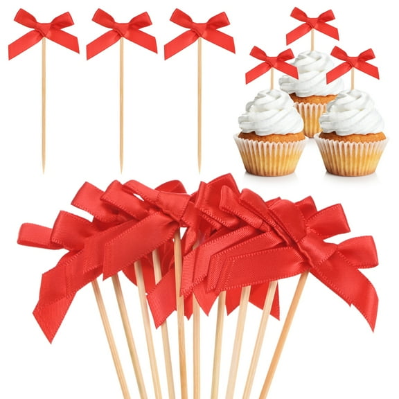 Uxcell 30-Pack Bow Cupcake Toppers, Ribbon Bow Cake Toppers Bowknot Cupcake Picks Birthday Cake Decor for Bridal Shower [Red]