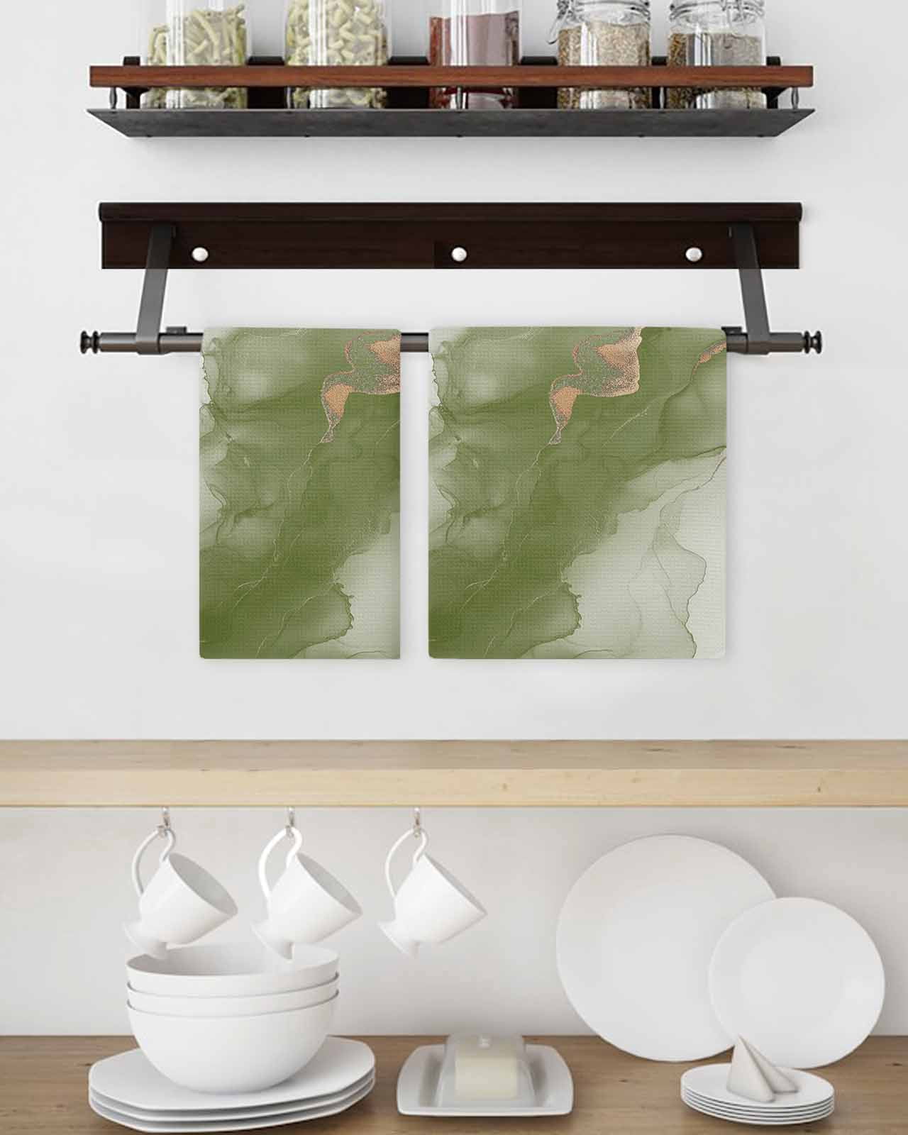 Sage Green Marble Kitchen Dish Towels for Drying Dishes Set of 4, Modern Ombre Abstract Ink Painting Art Waffle Weave Microfiber Hand Tea Bathroom Towels Quick Dry & Absorbent Towel 15.7x23.6