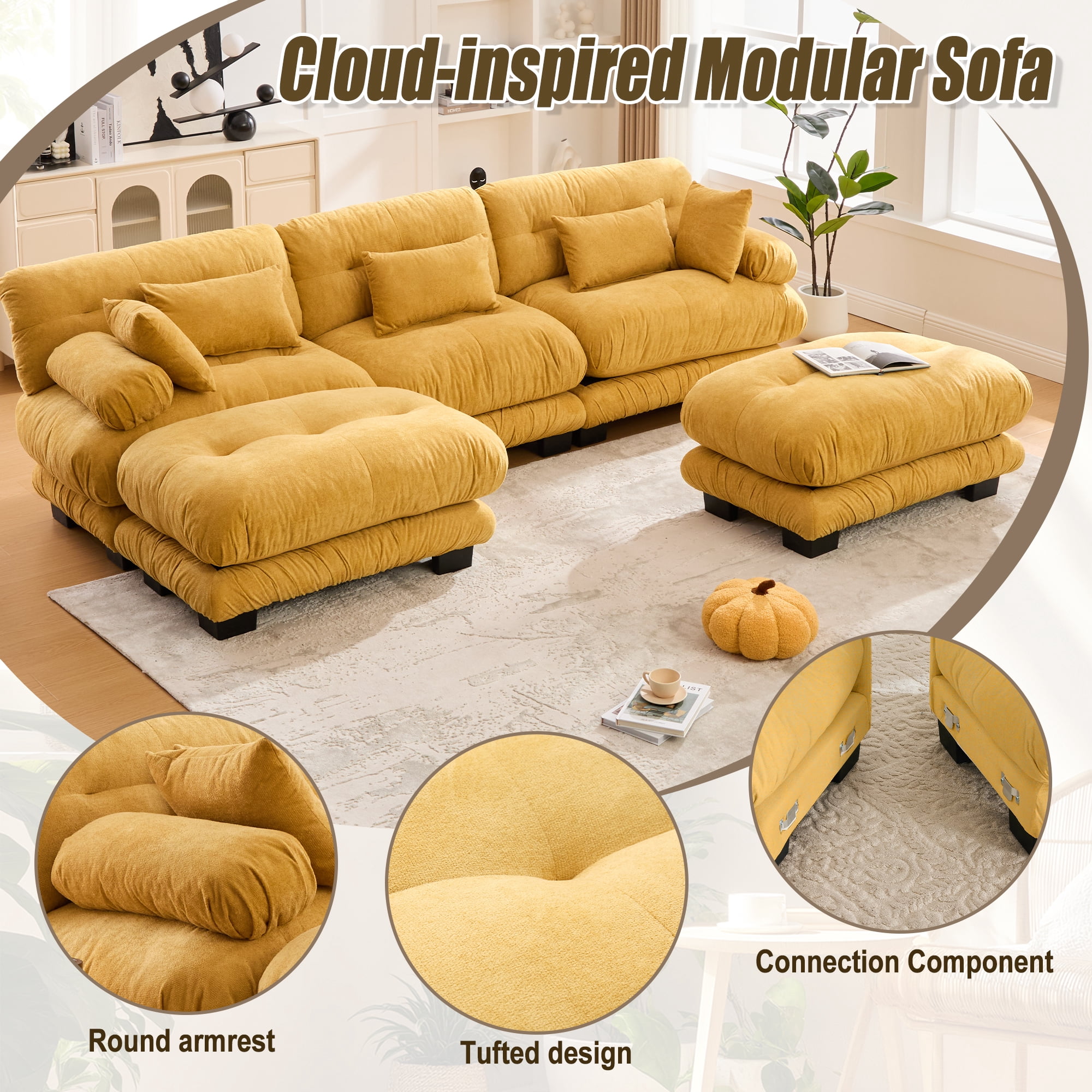 MOONMISS Velvet Upholstered Oversized U-shaped Tufted Free Combined Sectional Sofa with Bolster Armrest Pillows-Yellow