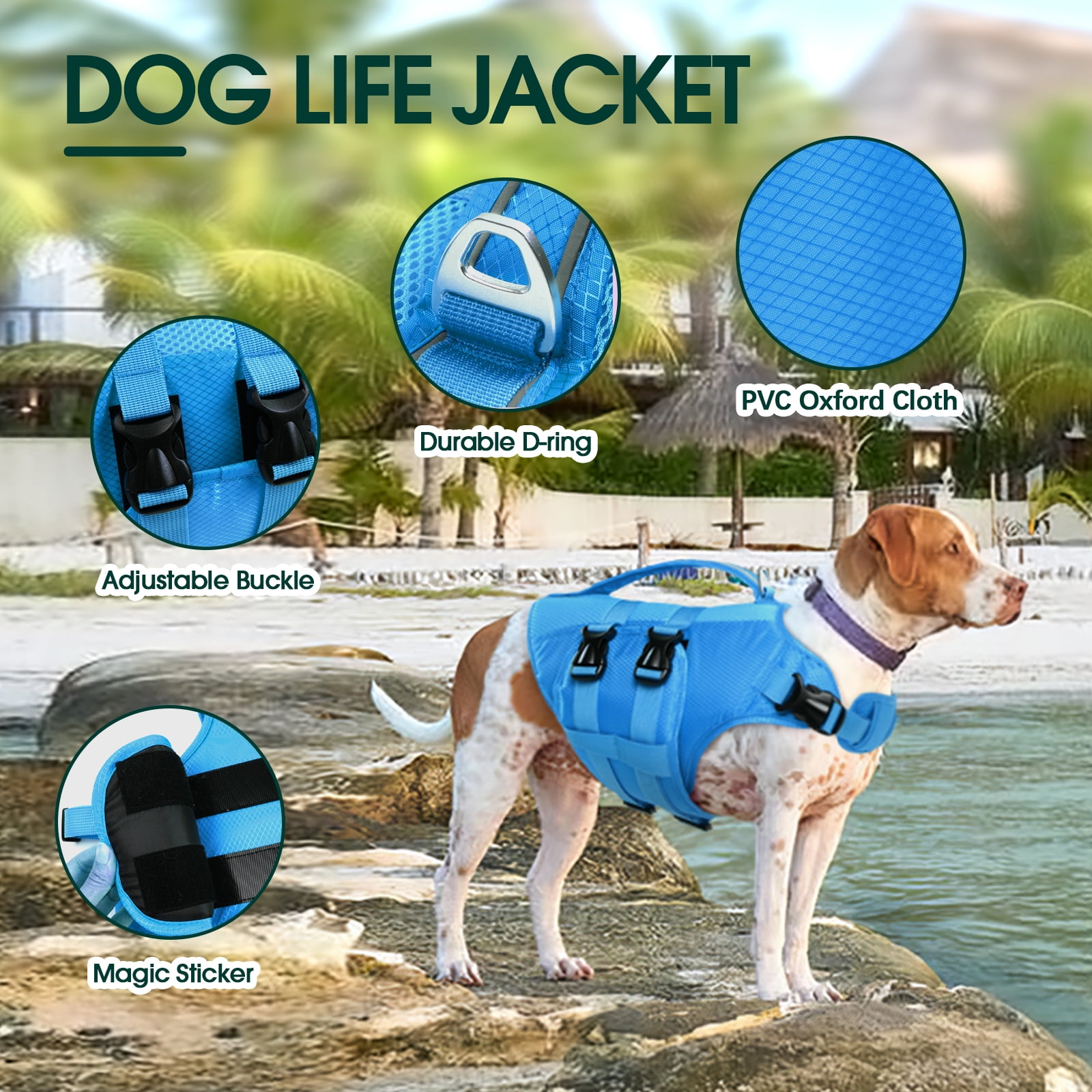 Kuoser Dog Life Jacket, Reflective Life Vest with Rescue Handle for Small Medium Large Dogs, Blue, XL