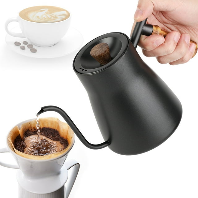 TKSE 850ml Stainless Steel Drip Over Coffee Kettle Gooseneck With Wooden Handle(A)
