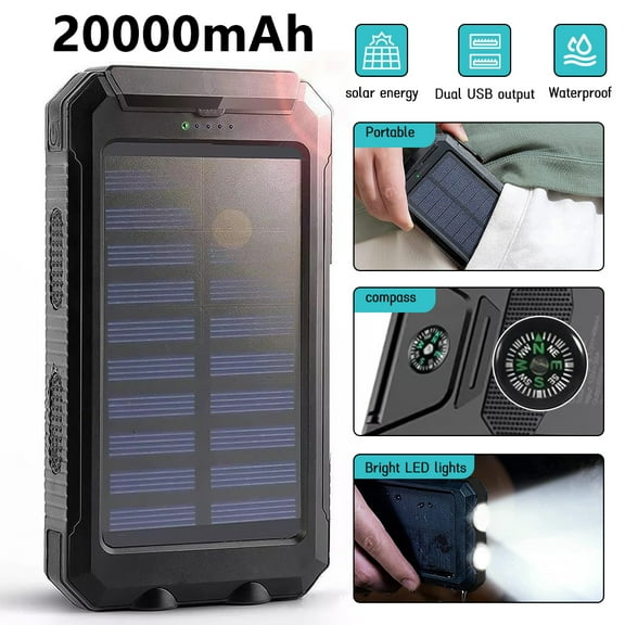 20000mAh Solar Charger for Cell Phone iphone, Portable Solar Power Bank with Dual 5V USB Ports, 2 Led Light Flashlight, Compass Battery Pack for Outdoor Camping Hiking-F6