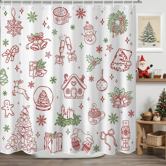 Christmas Shower Curtain Cute Xmas Tree Candy Ball Snowman Gingerbread Man Shower Curtain for Christmas Bathroom Decor Waterproof Holidays Bath Curtain, 66 X 72 Inch