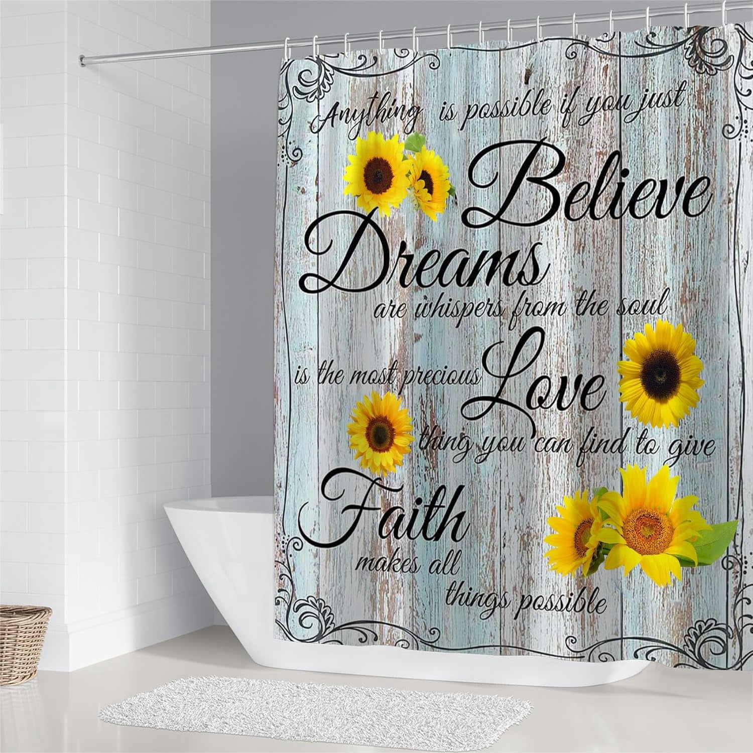 4pcs Farmhouse Shower Curtain Sets Sunflower Bathroom Decor Set Inspirational Quotes Bathroom Curtain Shower Set with Rugs and Accessories Floral Flower Shower Curtain
