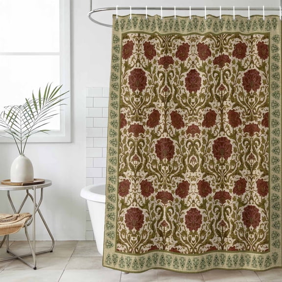 Boho Floral Extra Long Shower Curtain Set, Waterproof Shower Curtains for Bathroom, Modern Geometric Ethnic Abstract Flowers Red Green Washable Fabric Bath Curtain for Bathtub with Hooks 72x96 Inches
