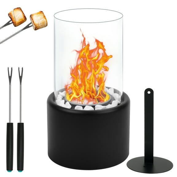 Tabletop Fire Pit, Smores Maker Tabletop Indoor kit Warmer for Outdoor & Indoor Fireplace, Portable Mini Fire Pit with 2 Roasting Forks and White Stones, Black
