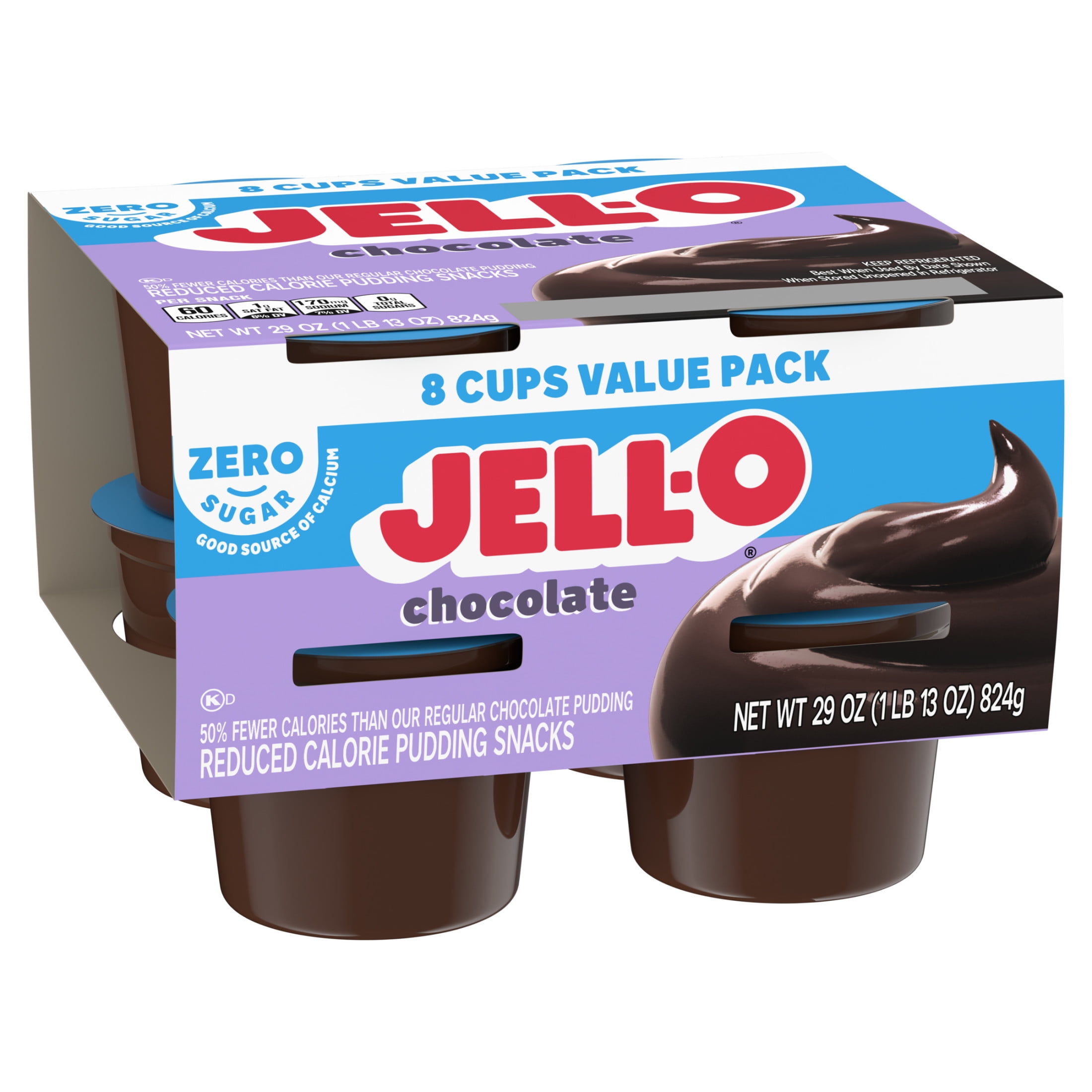Jell-O Chocolate Sugar Free Pudding Cups Snack Value Pack, 8 Ct Cups