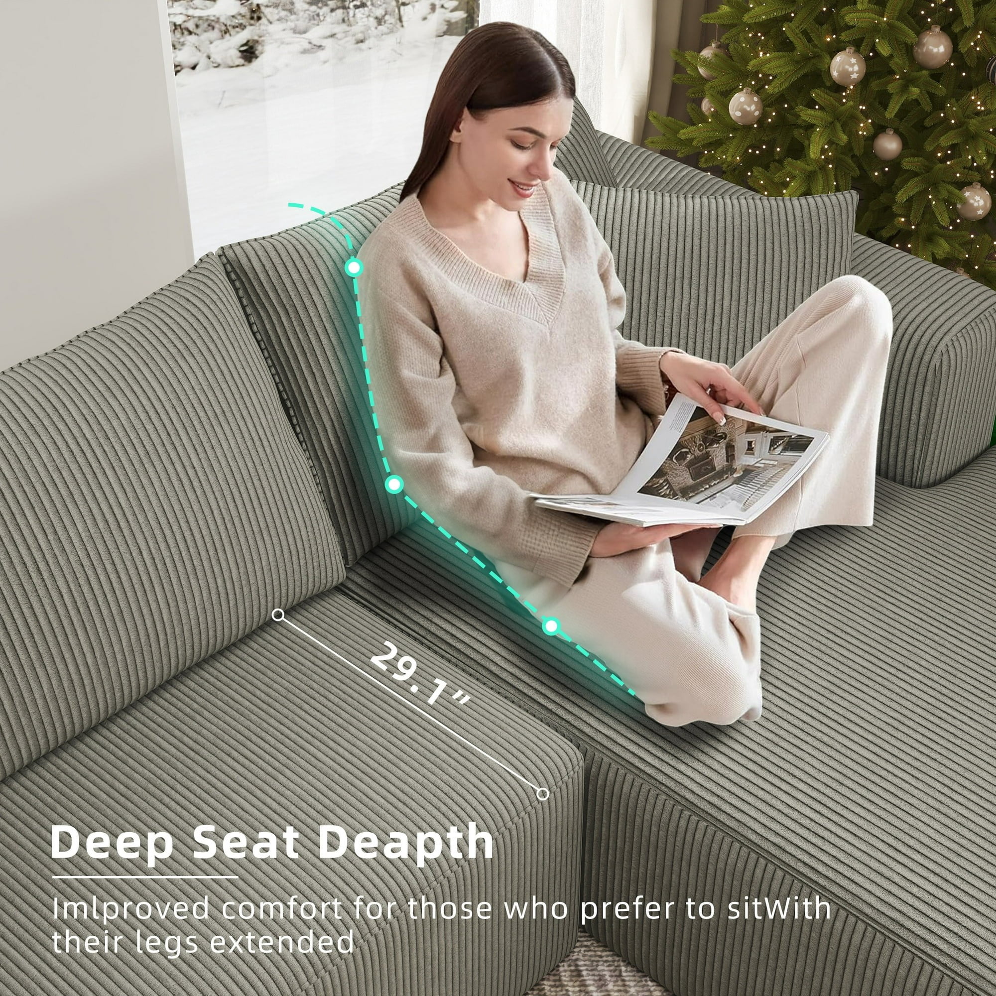AENKYO 104 Modular L-Shaped Sectional Sofa with Chaise Lounge, Cloud Couch Deep Seat, Corduroy Upholstered Living Room Furniture, No Assembly Required, Gray