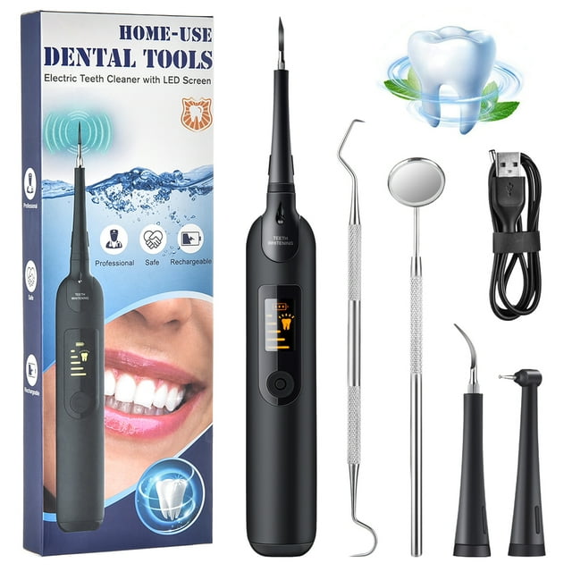 Dental Calculus Plaque Remover with Mouth Mirror, Tooth Scraper Polisher with 2 Replacement Heads and 5 Modes, Professional Dental Scaler Cleaning Tool Kit,Black