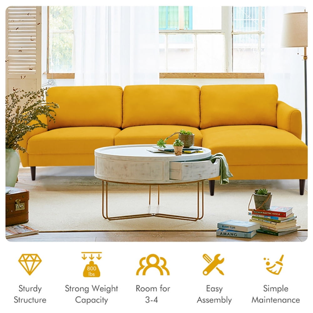 Finihen L-Shaped Sectional Sofa Couch, Sofa Bed, Convertible L-Shaped Fabric Sectional Sofa with Chaise Lounge and Solid Wood Legs, for Living Room, Yellow