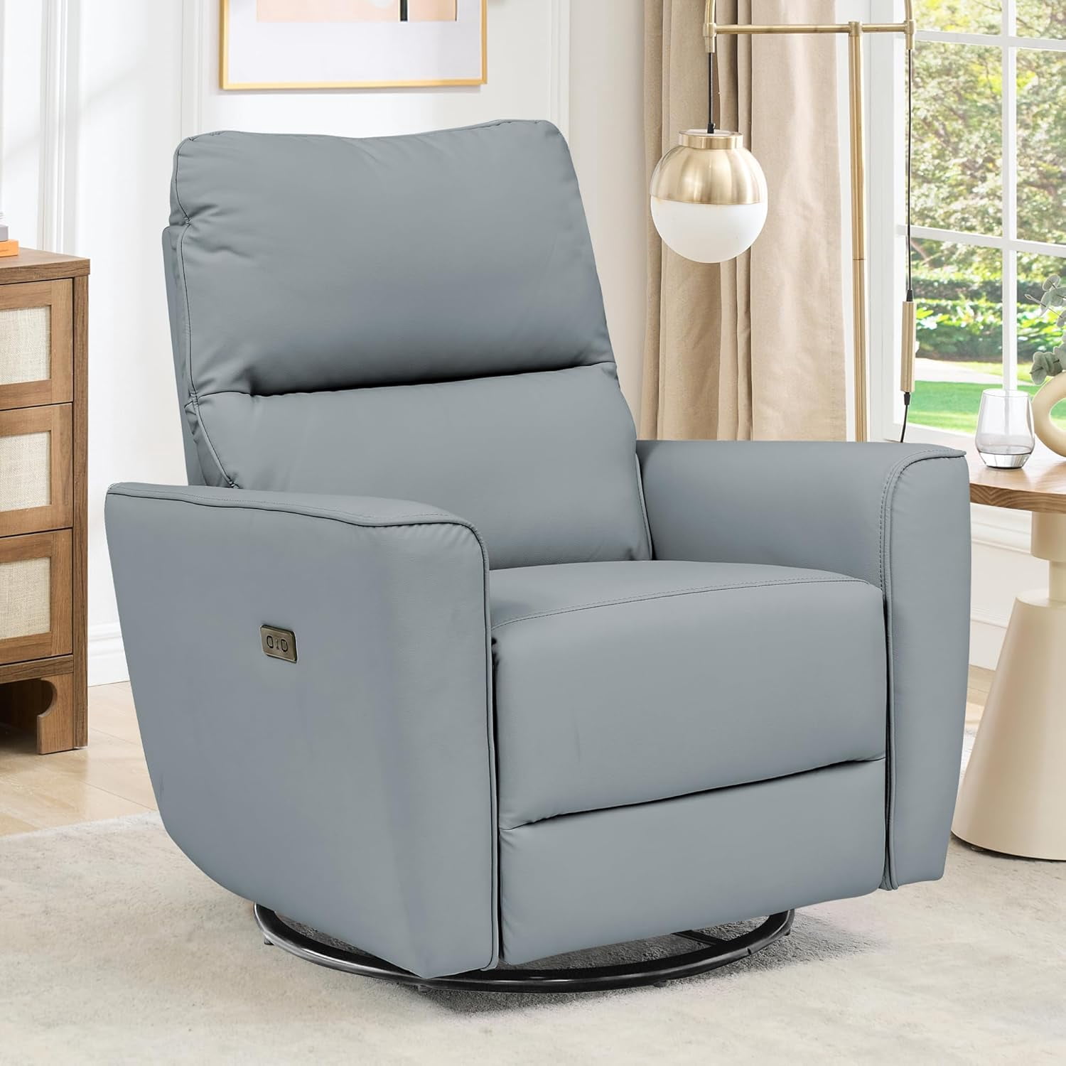 Power Recliner Chair 270° Swivel Rocking Glider with USB Port PU Leather Upholstered Nursery Chair with Adjustable Backrest for Living Room Office Home Theater and Nursery