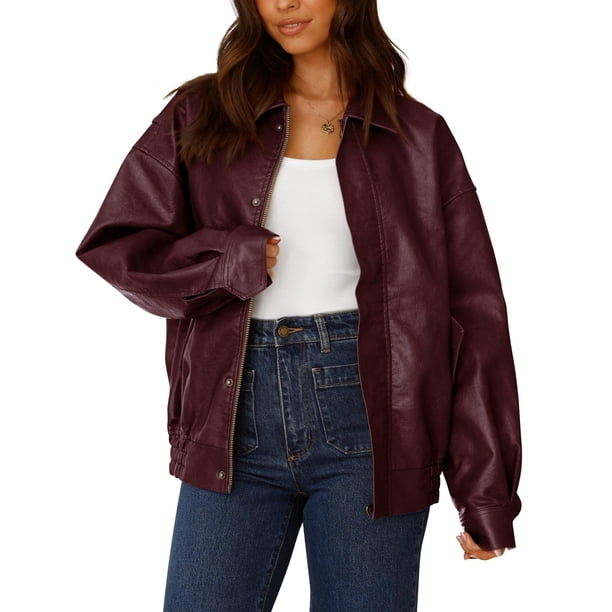 Abrigo PRETTYGARDEN Chaqueta de Cuero Sintético para Mujer Vino Tinto M