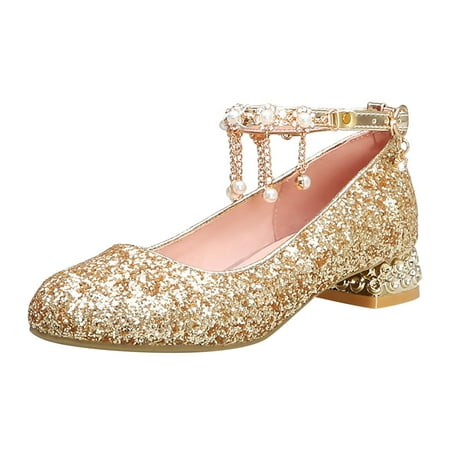 

QWZian Big Kids Girls Closed Toe Pendant Princess Shoes Fine Flash Hook & Loop Girls Fine Heel High Heel Shoes Sizes 3 (11-11.5 Years)