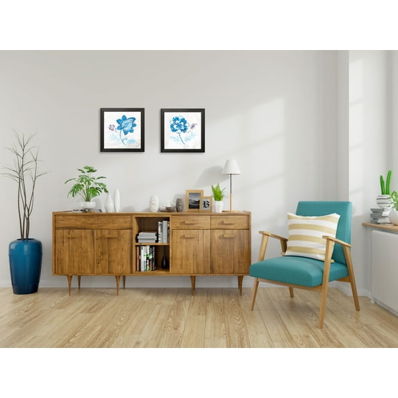 Gango Home Decor Casual Eastern Boho Peacock Chic Wall Art ; Two Blue 12x12in Art Prints in Black Frames