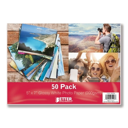 Glossy Photo Paper, 5 x 7 inch, 50 Sheets, by Better Office Products, 200 gsm, 5 x 7, 50-Count Pack